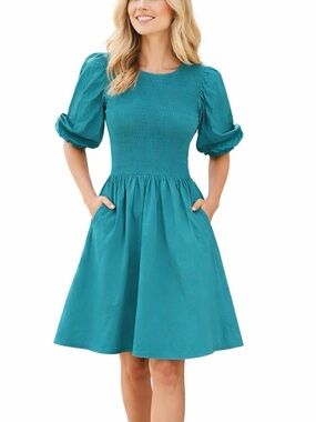 Crosby by Mollie Burch Teal Smocked Puff Sleeve Pockets Dress Women’s Small Rare